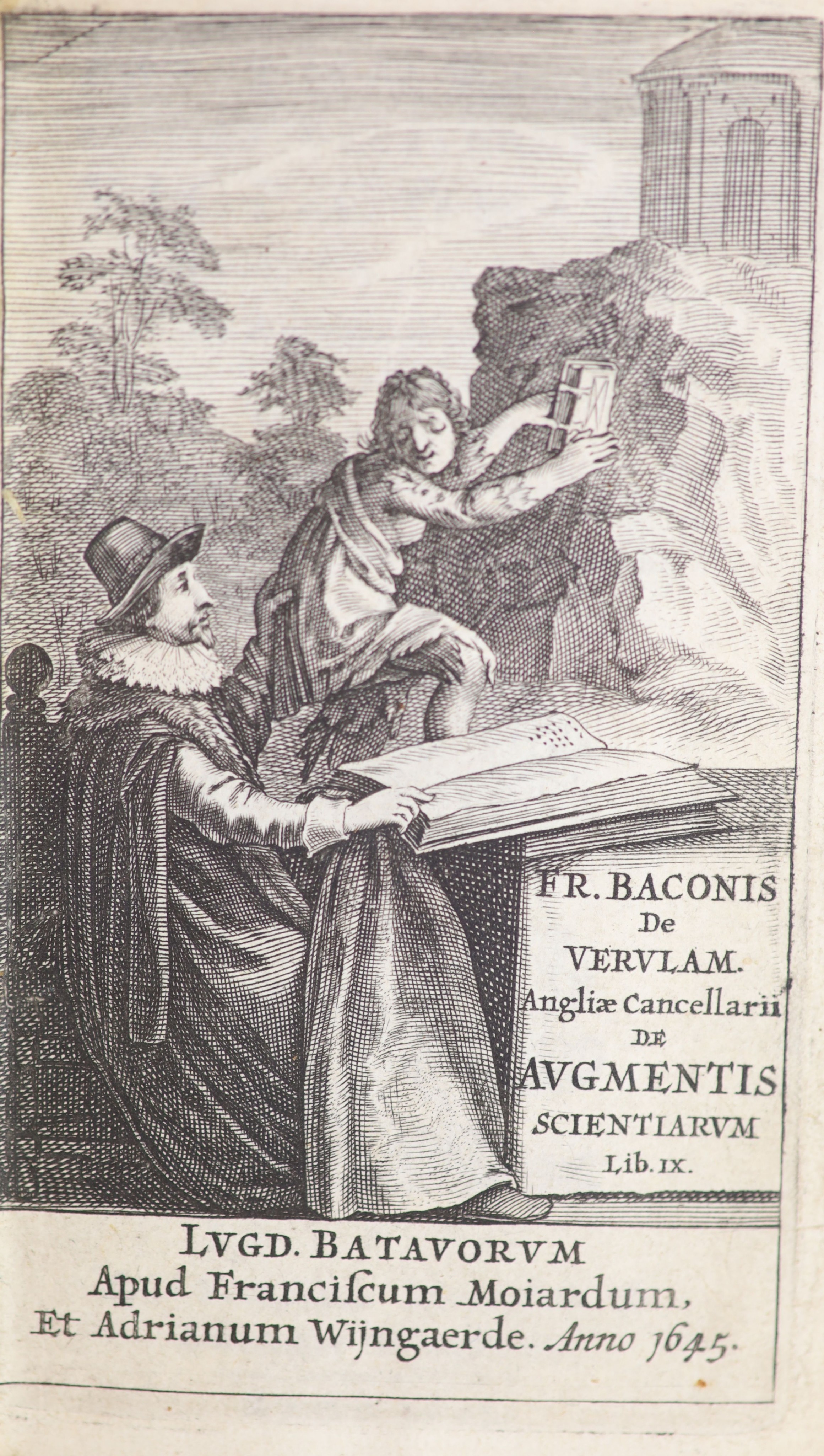 Bacon, Francis. De Dignitate & Augmentis Scientifcarum, libri IX...... editio nova. engraved pictorial and printed titles; contemp. vellum, 12mo. Leiden, 1645